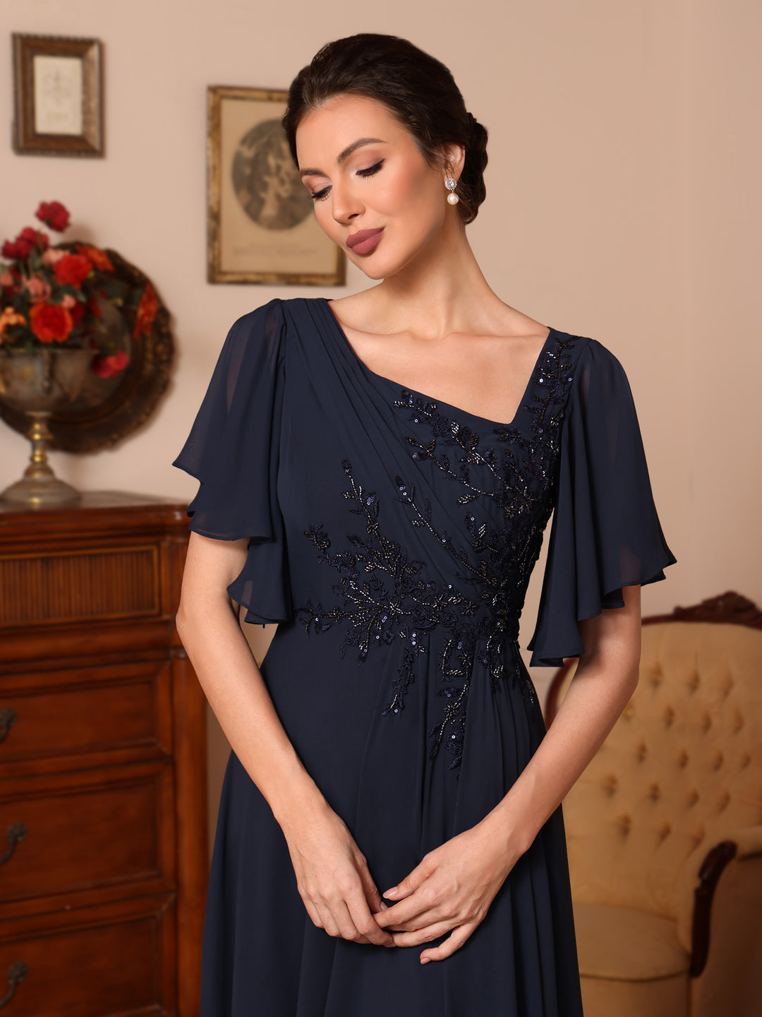 A-Line/Princess Asymmetrical Collar Chiffon Mother of the Bride Dresses Sequins Ankle-Length Short Sleeves Ruched