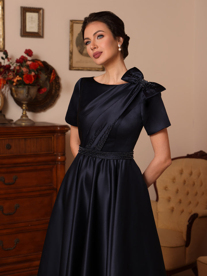 A-Line/Princess Scoop Satin Mother of the Bride Dresses Tea-Length Short Sleeves Beading Bowknot