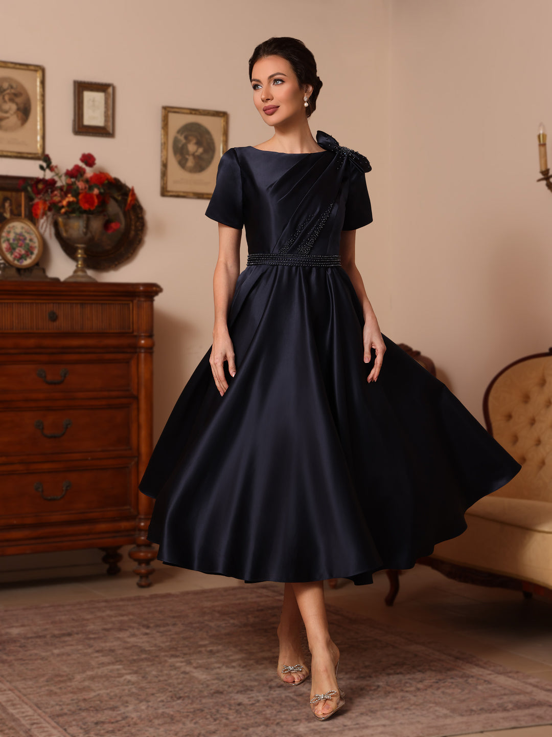 A-Line/Princess Scoop Satin Mother of the Bride Dresses Tea-Length Short Sleeves Beading Bowknot