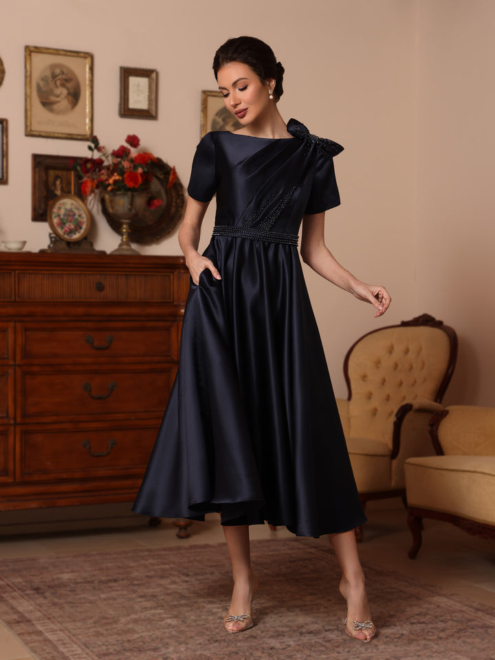 A-Line/Princess Scoop Satin Mother of the Bride Dresses Tea-Length Short Sleeves Beading Bowknot