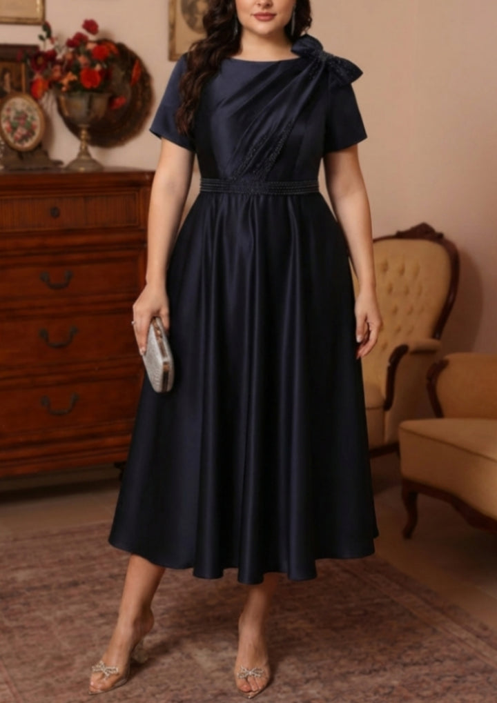 A-Line/Princess Scoop Satin Plus Size Mother of the Bride Dresses Tea-Length Short Sleeves Beading Bowknot