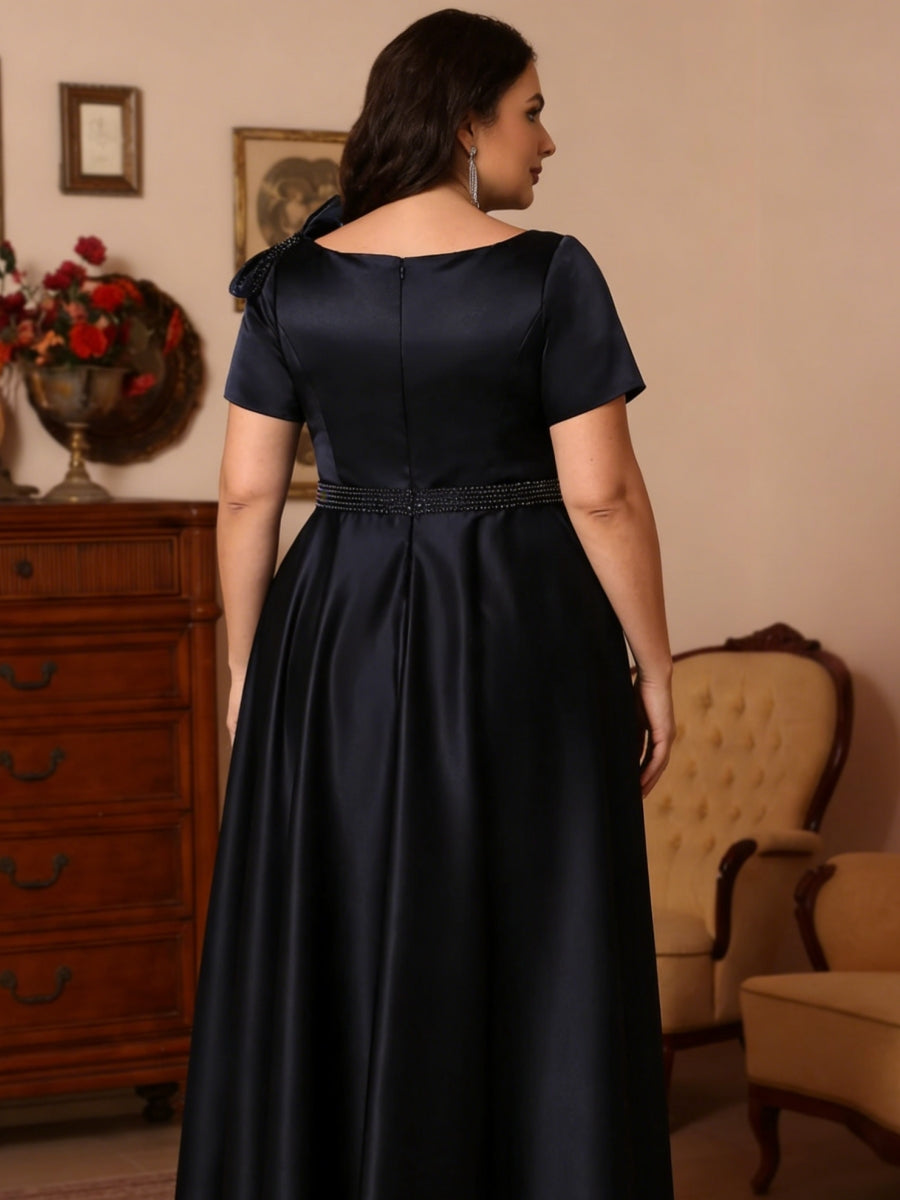 A-Line/Princess Scoop Satin Plus Size Mother of the Bride Dresses Tea-Length Short Sleeves Beading Bowknot