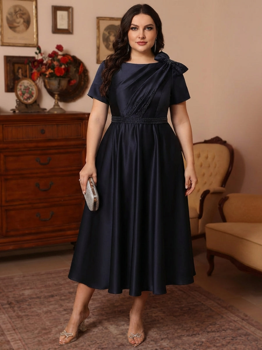A-Line/Princess Scoop Satin Plus Size Mother of the Bride Dresses Tea-Length Short Sleeves Beading Bowknot