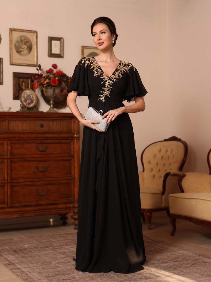 A-Line/Princess V-Neck Chiffon Mother of the Bride Dresses Appliques Floor-Length Short Sleeves Ruffles