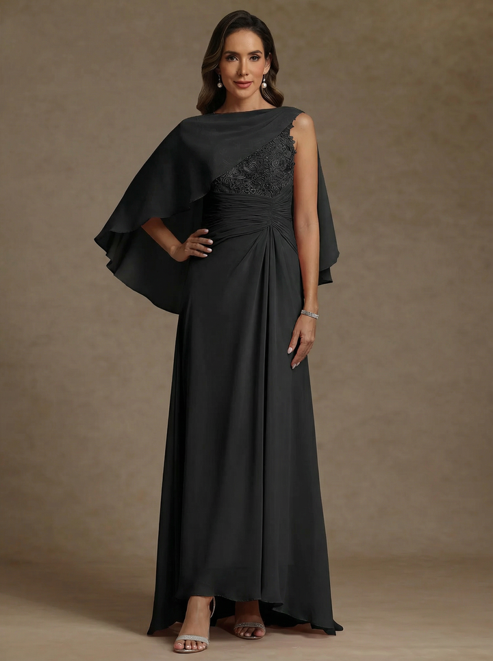 A-Line/Princess Scoop Chiffon Mother of the Bride Dresses with Wrap Lace Floor-Length Ruched Sleeveless