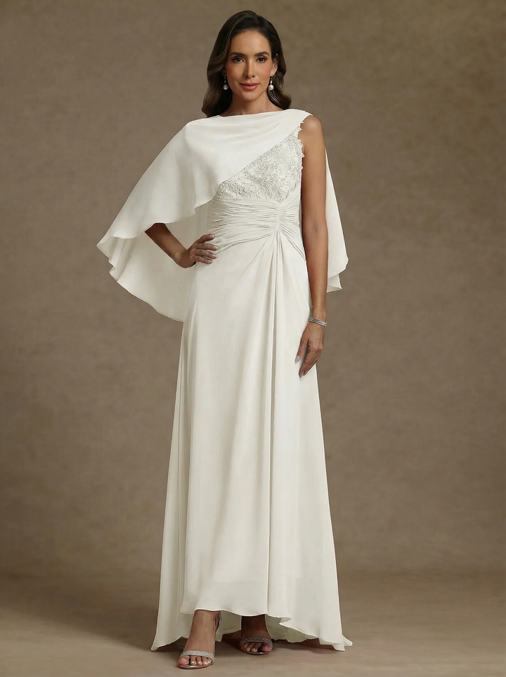 A-Line/Princess Scoop Chiffon Mother of the Bride Dresses with Wrap Lace Floor-Length Ruched Sleeveless
