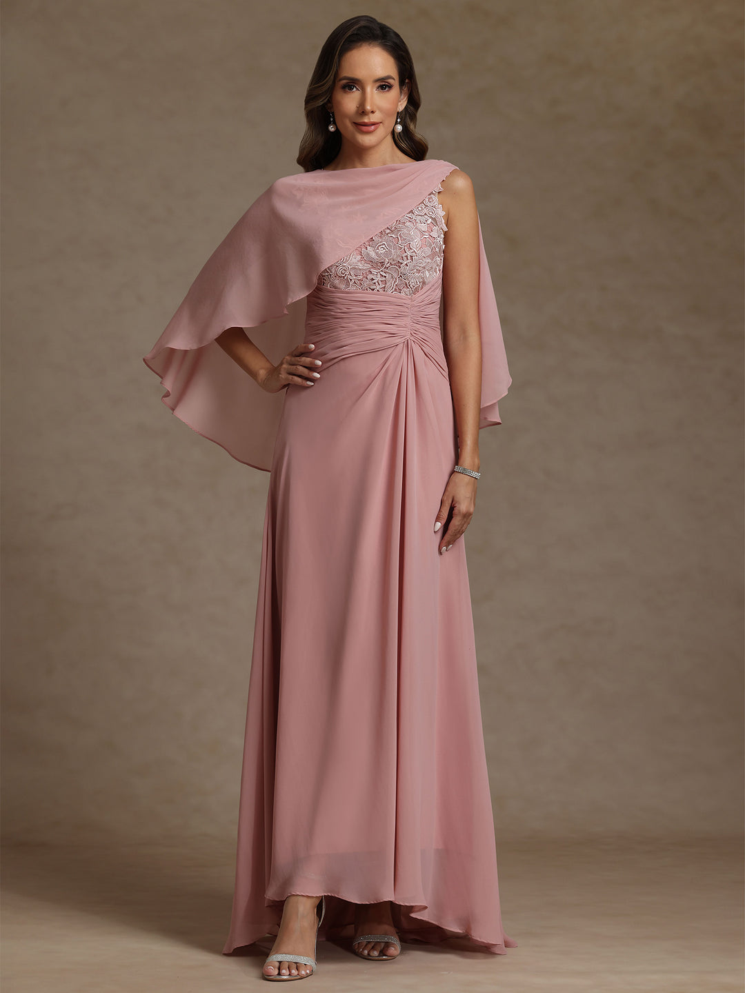 A-Line/Princess Scoop Chiffon Mother of the Bride Dresses with Wrap Lace Floor-Length Ruched Sleeveless
