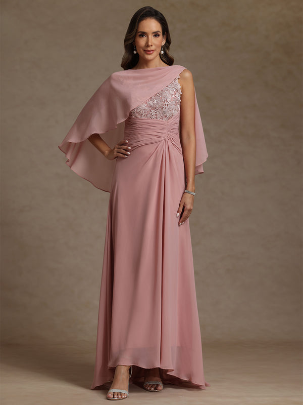 A-Line/Princess Scoop Chiffon Mother of the Bride Dresses with Wrap Lace Floor-Length Ruched Sleeveless