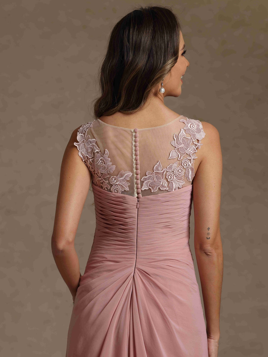 A-Line/Princess Scoop Chiffon Mother of the Bride Dresses with Wrap Lace Floor-Length Ruched Sleeveless