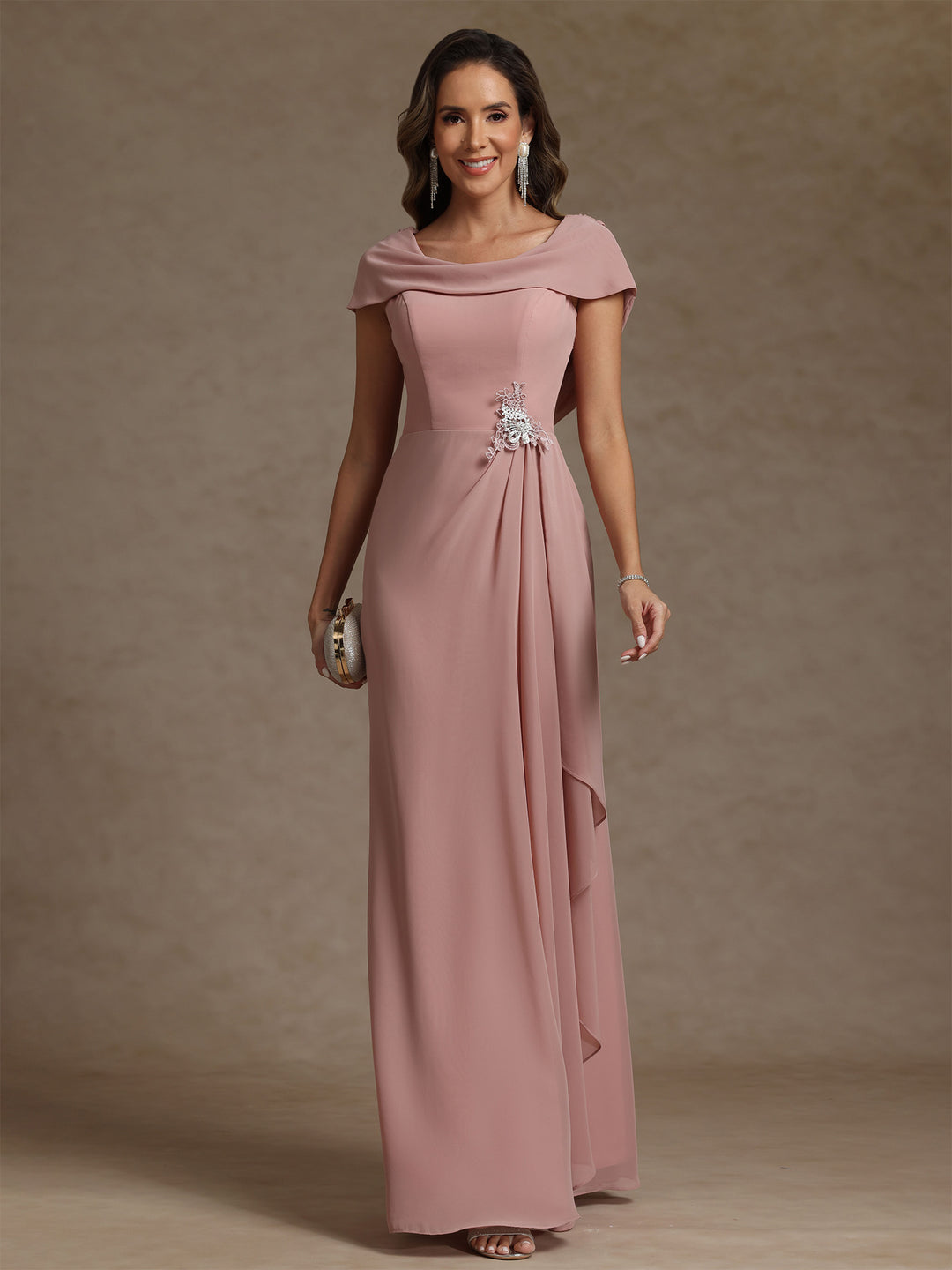 Sheath/Column Cowl Neck Chiffon Mother of the Bride Dresses Rhinestone Floor-Length Ruffles Sleeveless