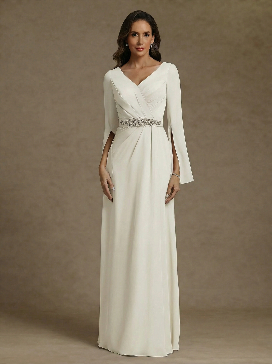 Sheath/Column V-Neck Chiffon Mother of the Bride Dresses Rhinestone Floor-Length Ruched Long Sleeves