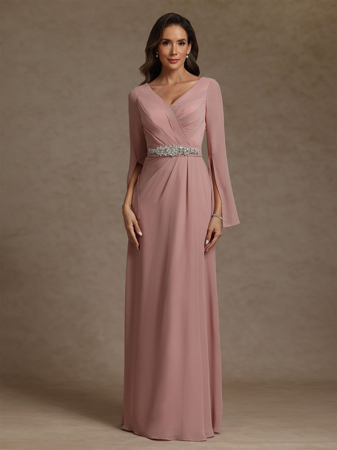 Sheath/Column V-Neck Chiffon Mother of the Bride Dresses Rhinestone Floor-Length Ruched Long Sleeves, Dusty Rose Sheath/Column V-Neck Chiffon Mother of the Bride Dresses Rhinestone Floor-Length Ruched Long Sleeves, Dusty Rose