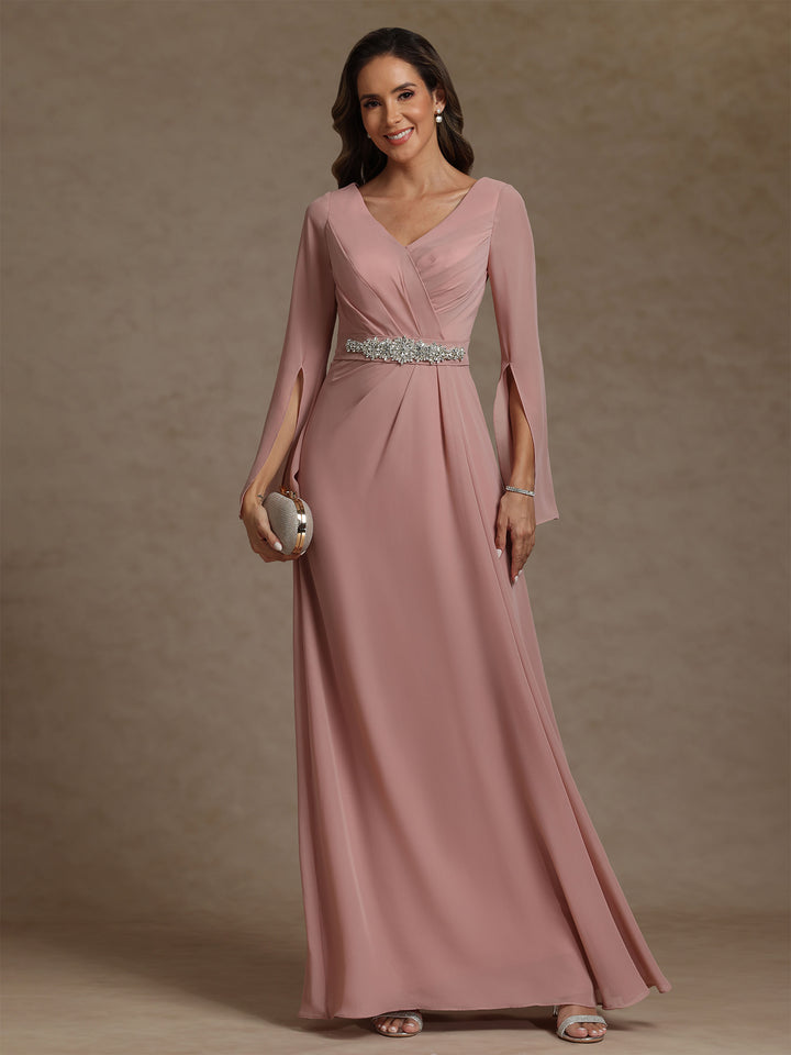 Sheath/Column V-Neck Chiffon Mother of the Bride Dresses Rhinestone Floor-Length Ruched Long Sleeves