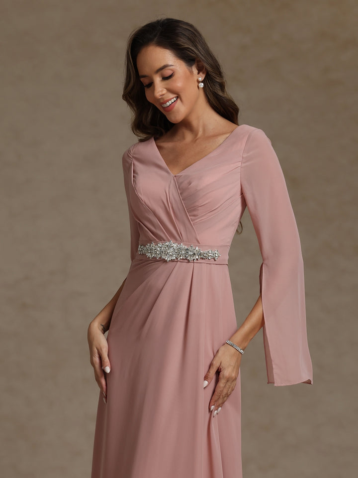 Sheath/Column V-Neck Chiffon Mother of the Bride Dresses Rhinestone Floor-Length Ruched Long Sleeves