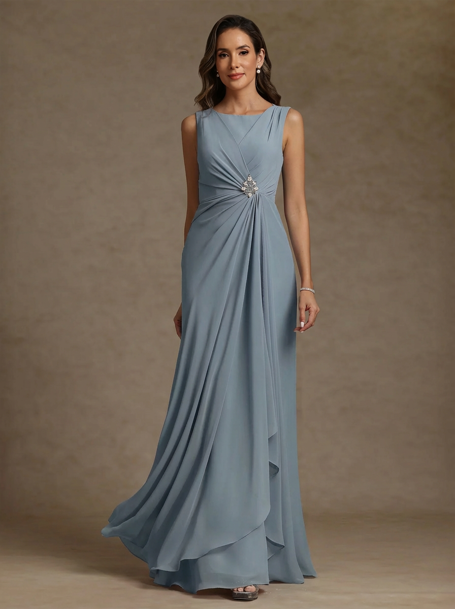 Sheath/Column Scoop Chiffon Mother of the Bride Dresses Floor-Length Ruffles Ruched Sleeveless