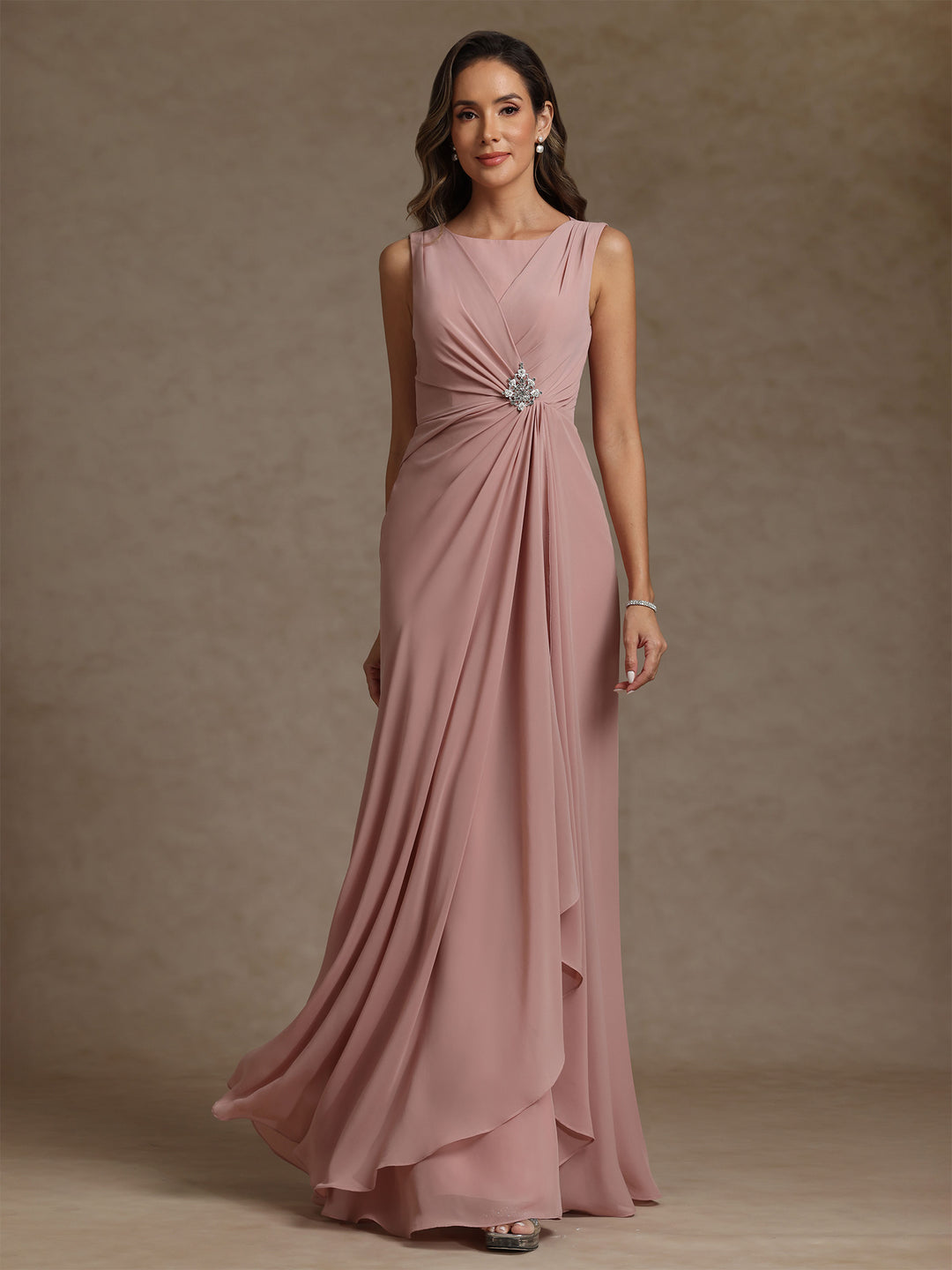 Sheath/Column Scoop Chiffon Mother of the Bride Dresses Floor-Length Ruffles Ruched Sleeveless