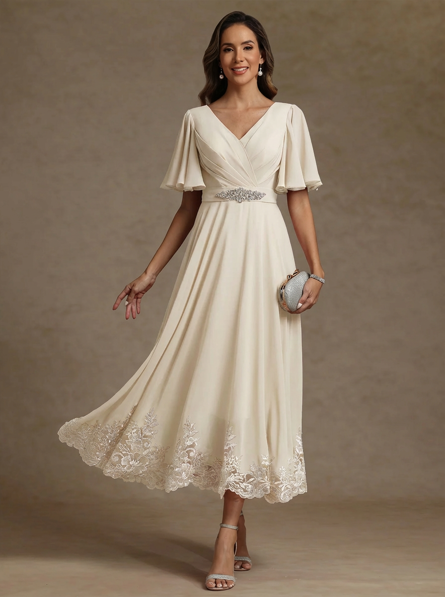 A-Line/Princess V Neck Mother of the Bride Dresses Short Sleeves Chiffon Lace Tea Length with Sash, Dusty Rose A-Line/Princess V Neck Mother of the Bride Dresses Short Sleeves Chiffon Lace Tea Length with Sash, Dusty Rose