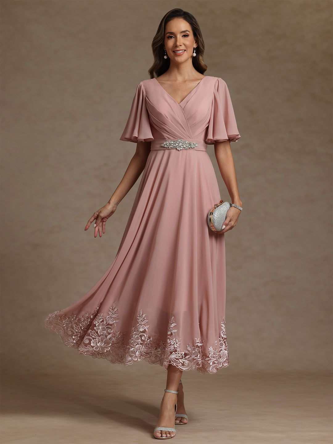 A-Line/Princess V Neck Mother of the Bride Dresses Short Sleeves Chiff - Mondressy A-Line/Princess V Neck Mother of the Bride Dresses Short Sleeves Chiff - Mondressy