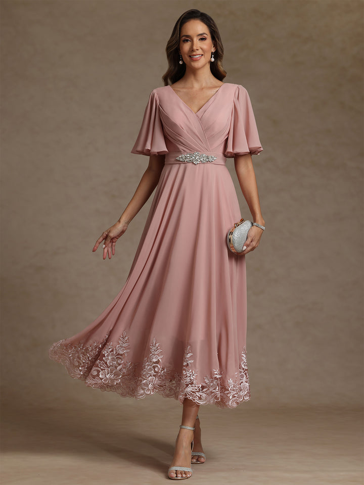 A-Line/Princess V Neck Mother of the Bride Dresses Short Sleeves Chiffon Lace Tea Length with Sash