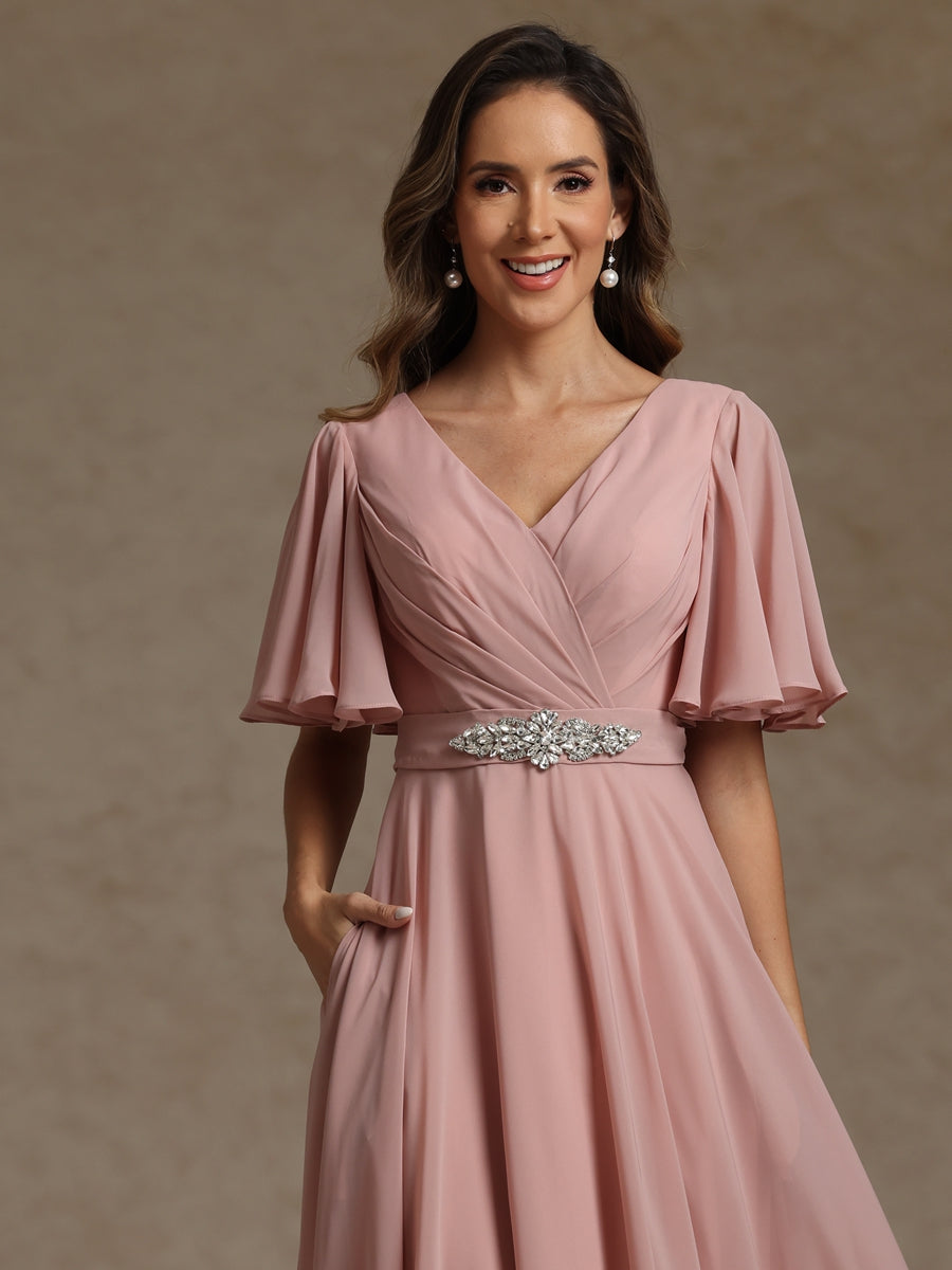 A-Line/Princess V Neck Mother of the Bride Dresses Short Sleeves Chiff - Mondressy A-Line/Princess V Neck Mother of the Bride Dresses Short Sleeves Chiff - Mondressy