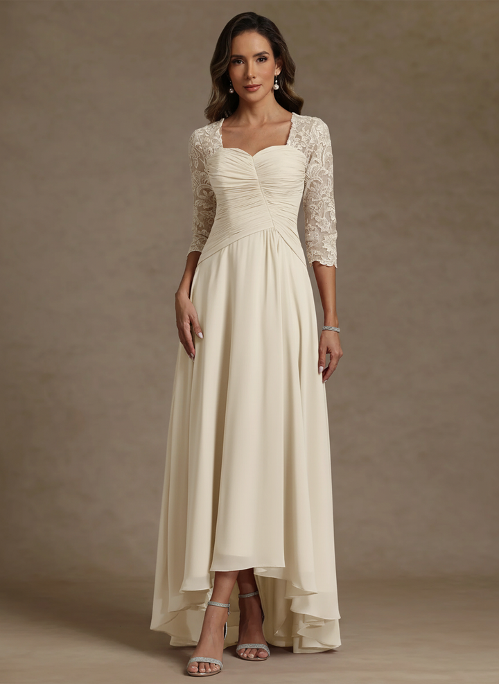 A-Line/Princess Square Collar Mother of the Bride Dresses 3/4 Sleeves Chiffon Lace High-Low Asymmetrical Floor-Length