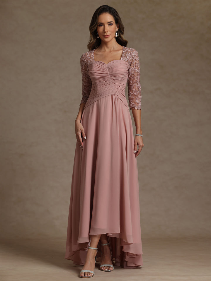 A-Line/Princess Square Collar Mother of the Bride Dresses 3/4 Sleeves Chiffon Lace High-Low Asymmetrical Floor-Length