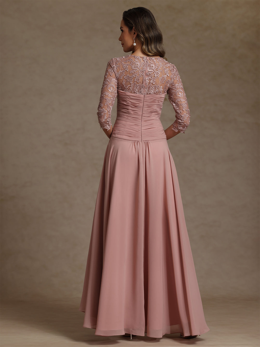 A-Line/Princess Square Collar Mother of the Bride Dresses 3/4 Sleeves Chiffon Lace High-Low Asymmetrical Floor-Length