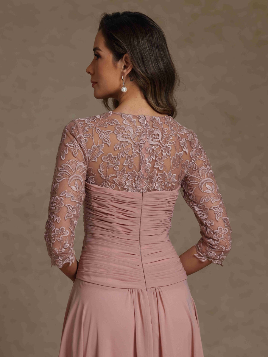 A-Line/Princess Square Collar Mother of the Bride Dresses 3/4 Sleeves Chiffon Lace High-Low Asymmetrical Floor-Length