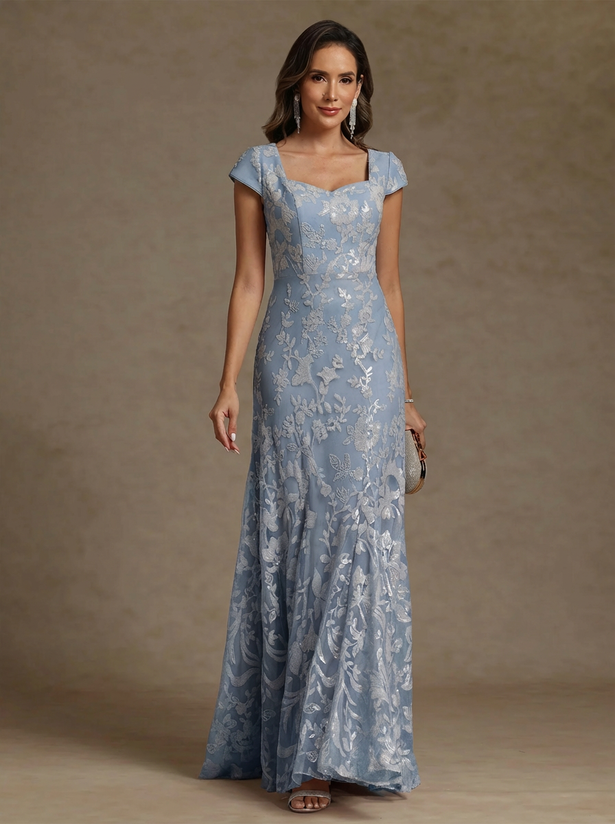 Sheath/Column Square Collar Chiffon Mother of the Bride Dresses Floor-Length Lace Sequins Floral Short Sleeves