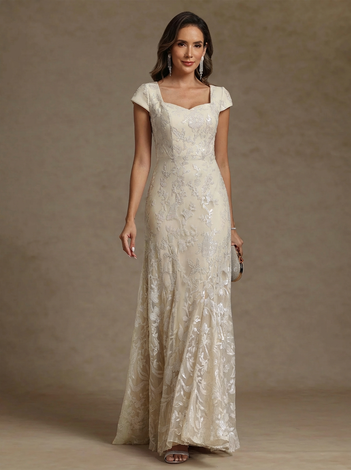 Sheath/Column Square Collar Chiffon Mother of the Bride Dresses Floor-Length Lace Sequins Short Sleeves