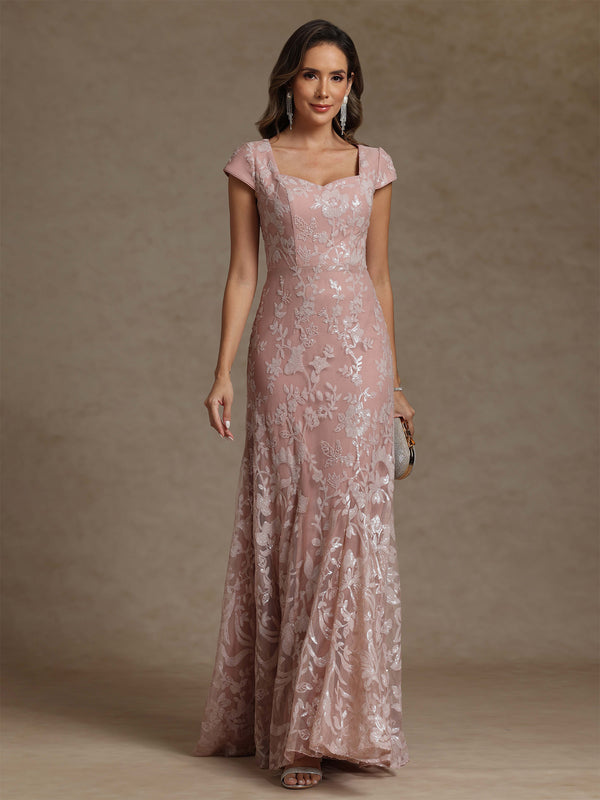 Sheath/Column Square Collar Chiffon Mother of the Bride Dresses Floor-Length Lace Sequins Floral Short Sleeves