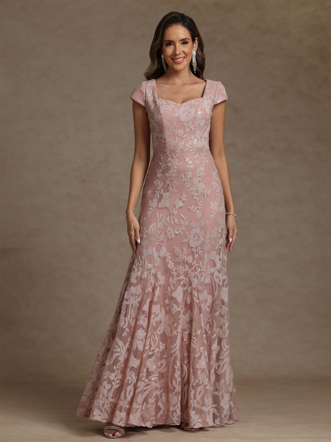 Sheath/Column Square Collar Chiffon Mother of the Bride Dresses Floor-Length Lace Sequins Short Sleeves