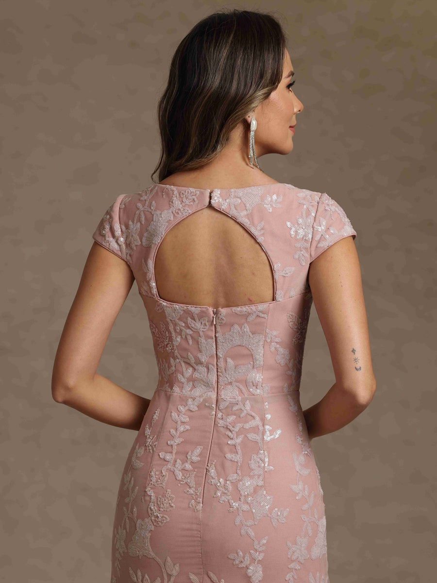 Sheath/Column Square Collar Chiffon Mother of the Bride Dresses Floor-Length Lace Sequins Short Sleeves