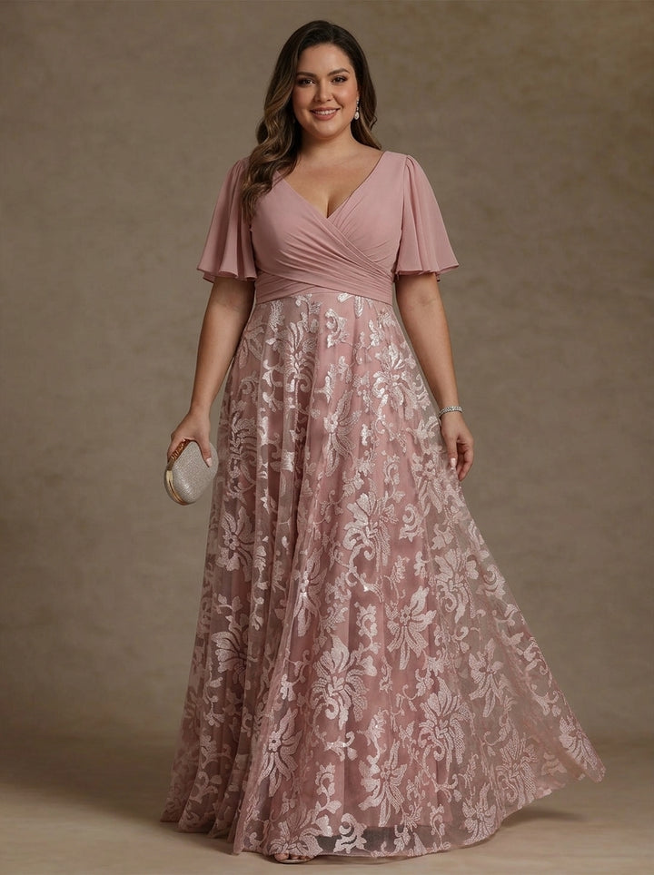 A-Line/Princess V-Neck Plus Size Mother of the Bride Dresses Short Sleeves Chiffon Lace Floor-Length Floral Ruched