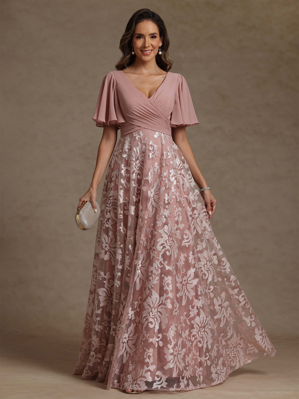 A-Line/Princess V-Neck Mother of the Bride Dresses Short Sleeves Chiffon Lace Floor-Length Floral Ruched
