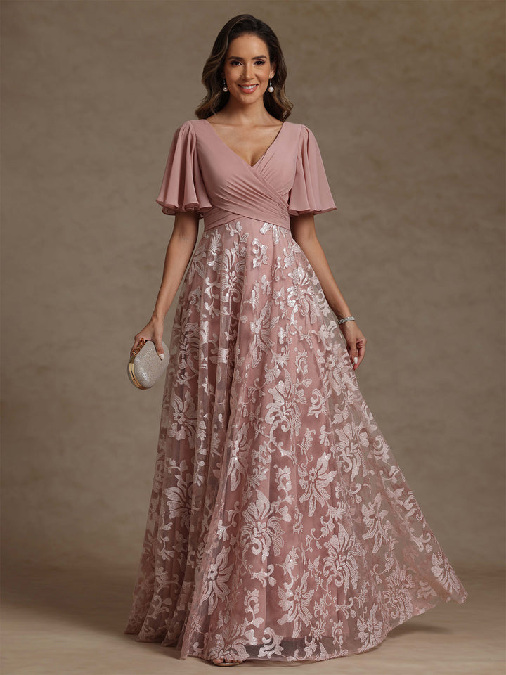 A-Line/Princess V-Neck Mother of the Bride Dresses Short Sleeves Chiffon Lace Floor-Length Ruched