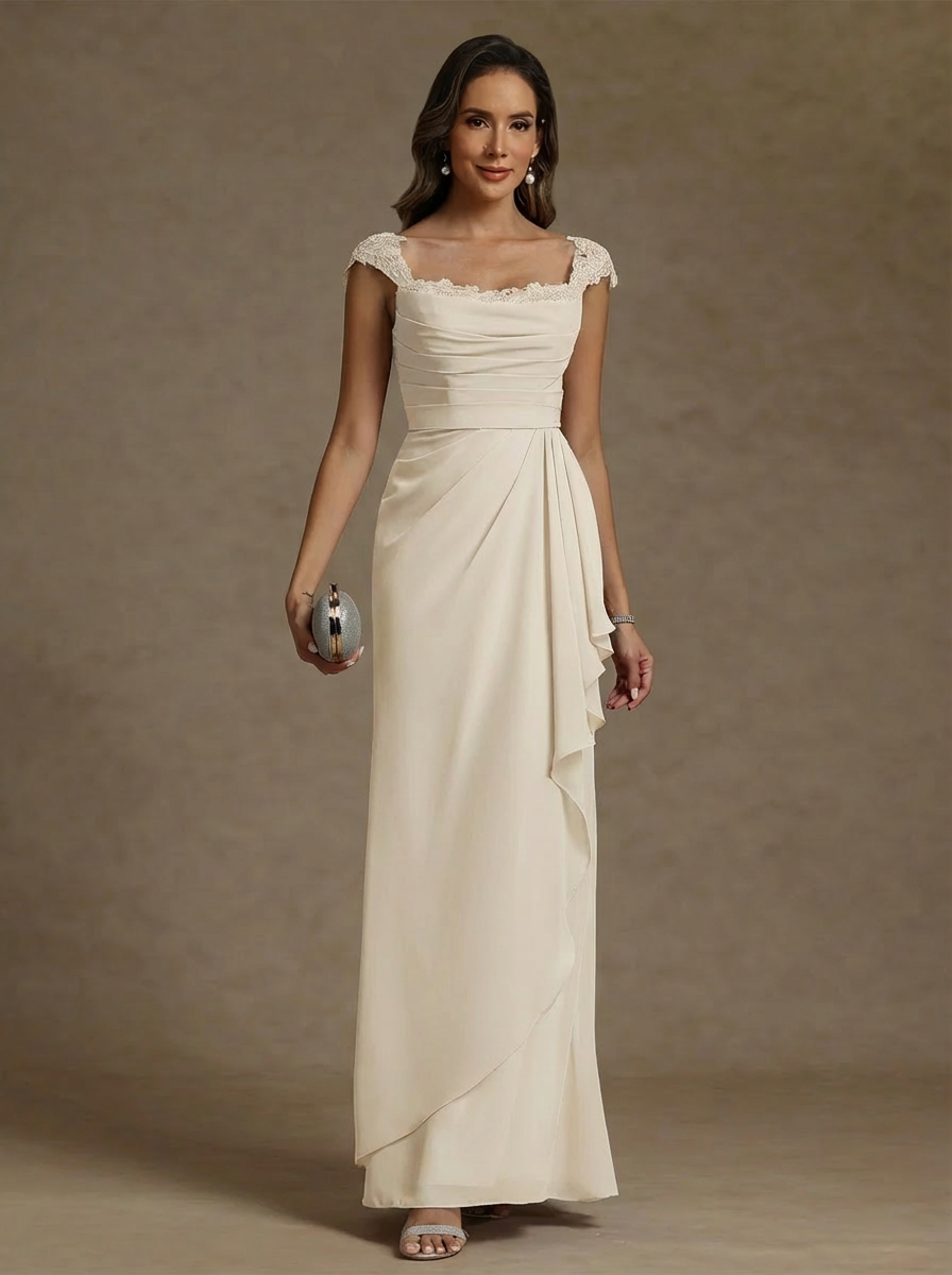 Sheath/Column Square Collar Chiffon Mother of the Bride Dresses Floor-Length Ruffles Ruched Sleeveless Lace