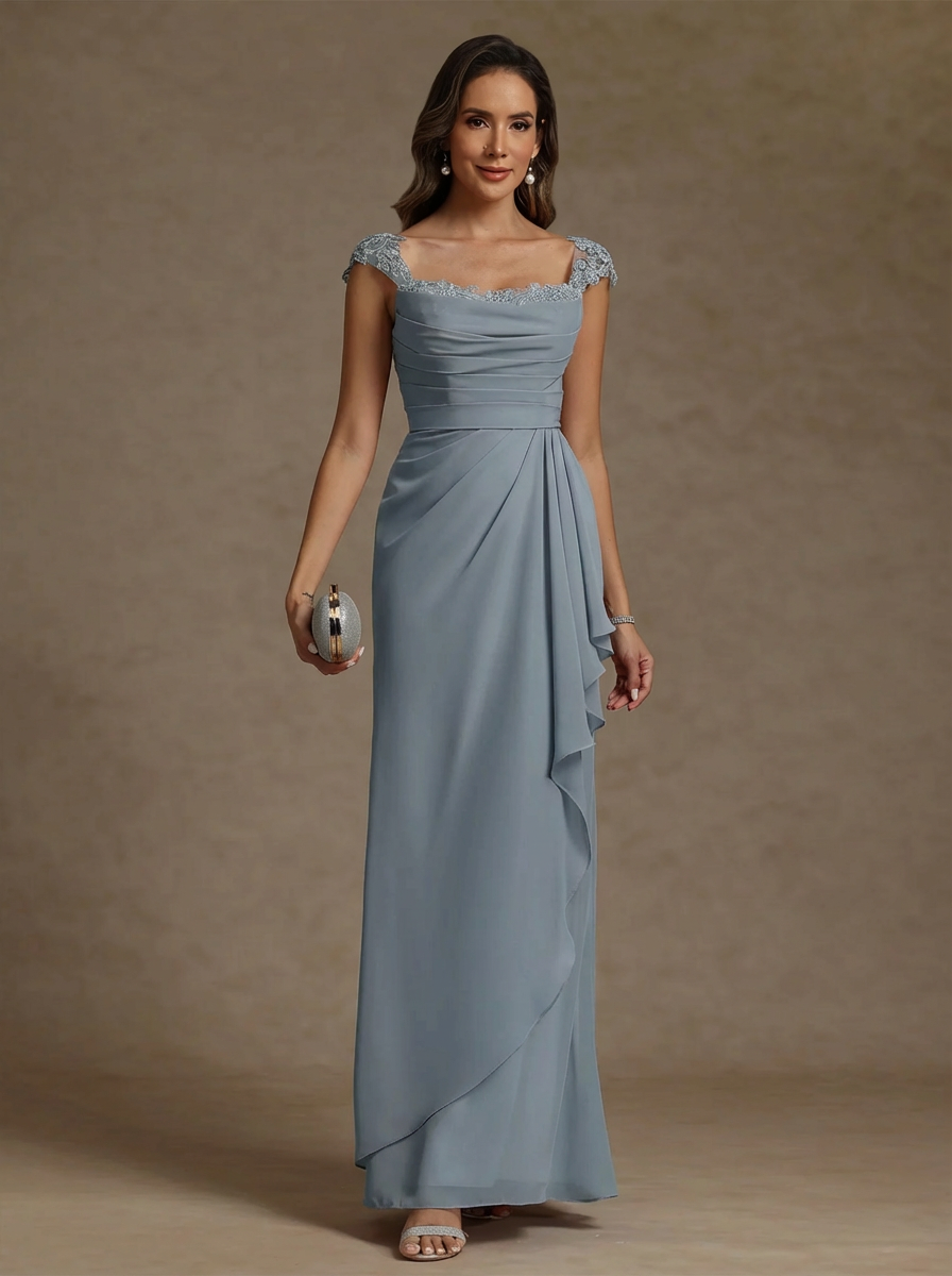 Sheath/Column Square Collar Chiffon Mother of the Bride Dresses Floor-Length Ruffles Ruched Sleeveless Lace