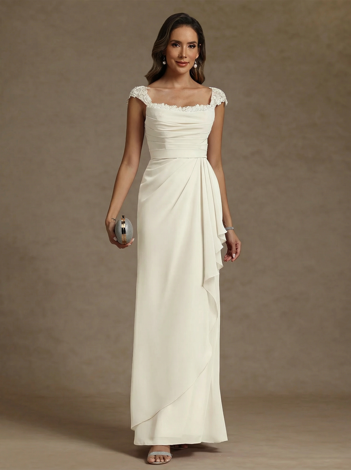 Sheath/Column Square Collar Chiffon Mother of the Bride Dresses Floor-Length Ruffles Ruched Sleeveless Lace