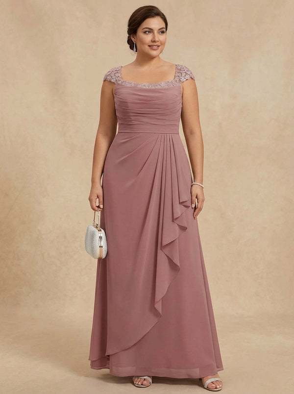 Sheath/Column Square Collar Chiffon Plus Size Mother of the Bride Dresses Floor-Length Ruffles Ruched Sleeveless Lace
