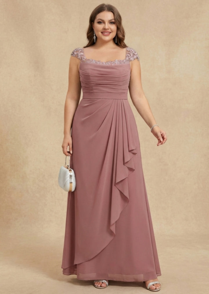 Sheath/Column Square Collar Chiffon Plus Size Mother of the Bride Dresses Floor-Length Ruffles Ruched Sleeveless Lace
