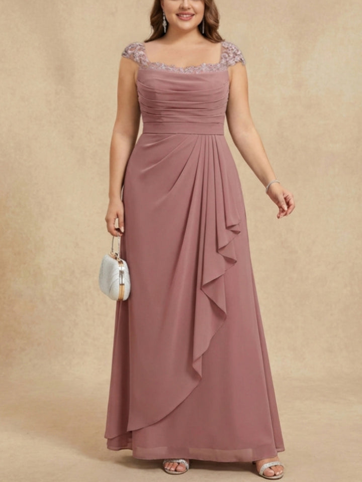 Sheath/Column Square Collar Chiffon Plus Size Mother of the Bride Dresses Floor-Length Ruffles Ruched Sleeveless Lace