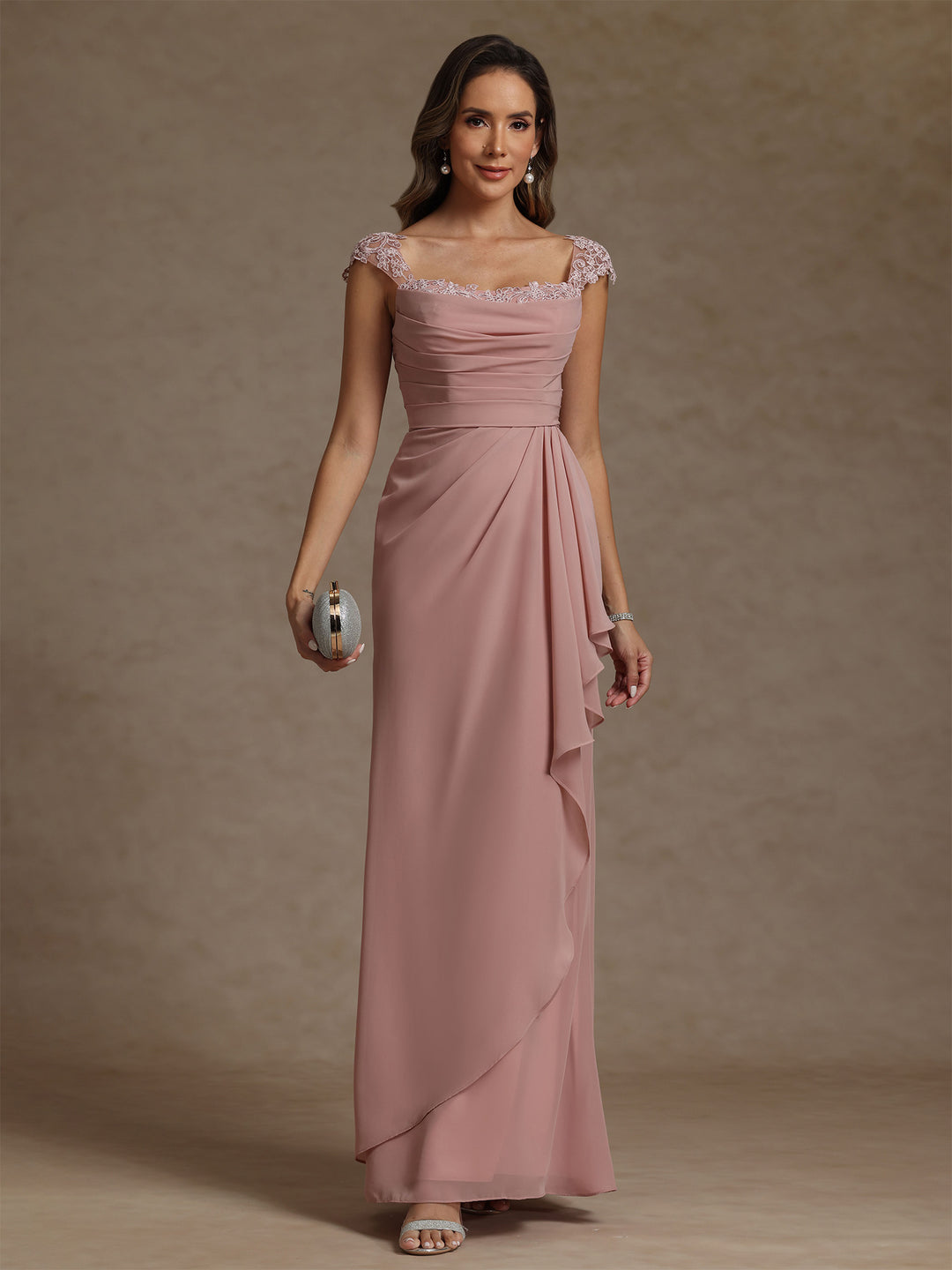 Sheath/Column Square Collar Chiffon Mother of the Bride Dresses Floor-Length Ruffles Ruched Sleeveless Lace
