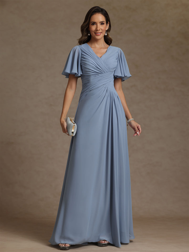 A-Line/Princess V-Neck Chiffon Mother of the Bride Dresses Floor-Length Ruched Short Sleeves