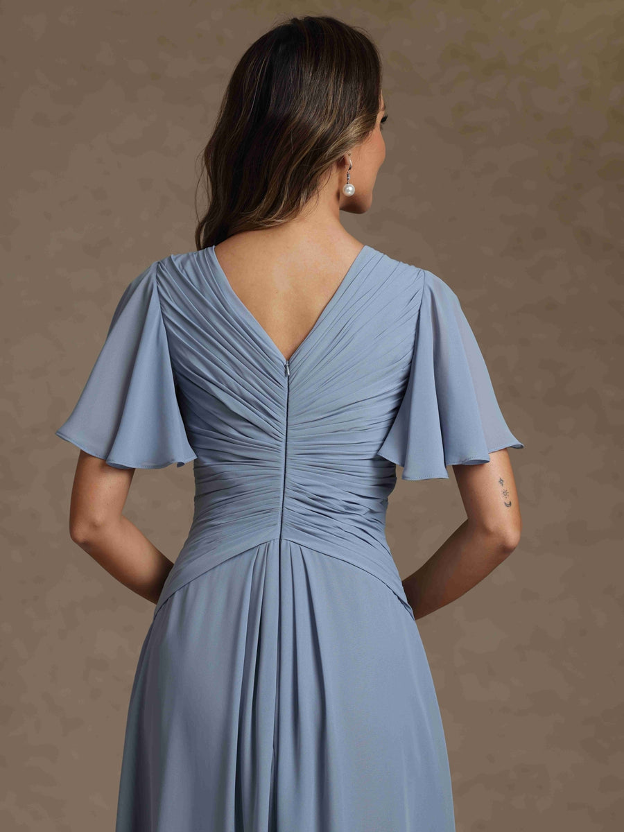 A-Line/Princess V-Neck Chiffon Mother of the Bride Dresses Floor-Length Ruched Short Sleeves