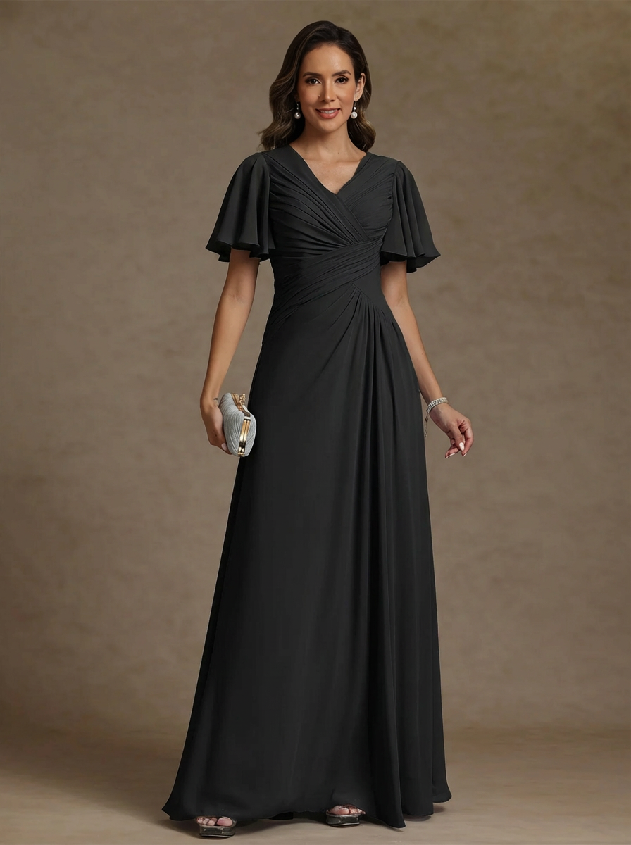 A-Line/Princess V-Neck Chiffon Mother of the Bride Dresses Floor-Length Ruched Short Sleeves