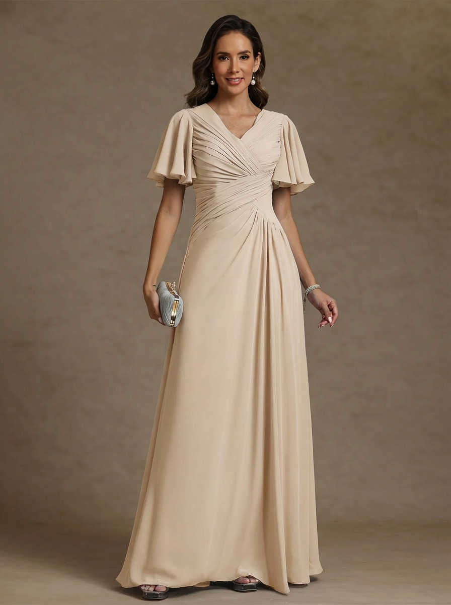 A-Line/Princess V-Neck Chiffon Mother of the Bride Dresses Floor-Length Ruched Short Sleeves