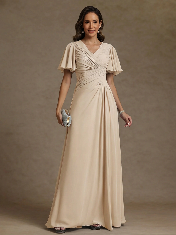 A-Line/Princess V-Neck Chiffon Mother of the Bride Dresses Floor-Length Ruched Short Sleeves