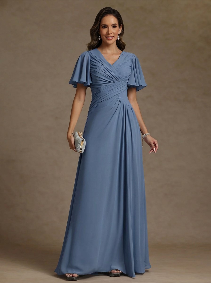 A-Line/Princess V-Neck Chiffon Mother of the Bride Dresses Floor-Length Ruched Short Sleeves