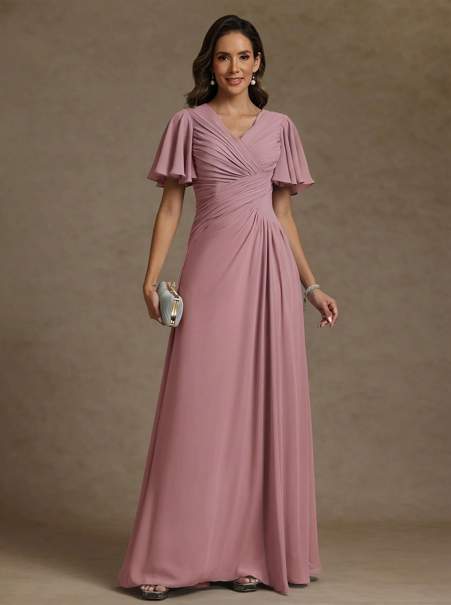 A-Line/Princess V-Neck Chiffon Mother of the Bride Dresses Floor-Length Ruched Short Sleeves